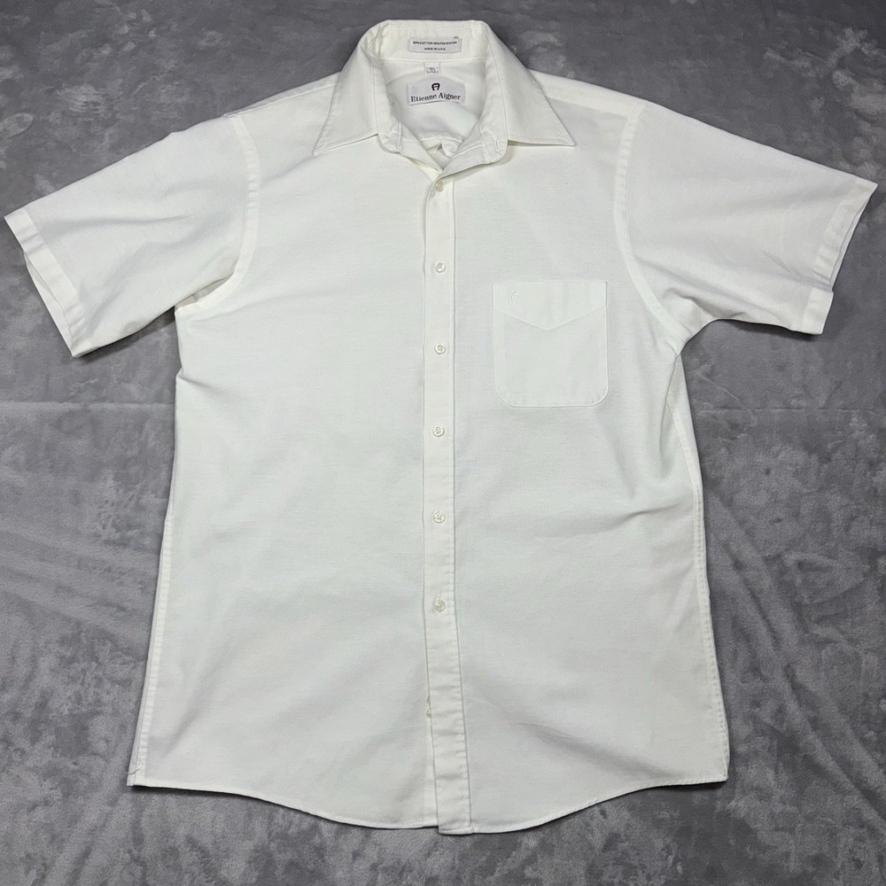 Etienne Aigner Button Down Mens 15.5 White Vintage Short Sleeve Logo Shirt - Picture 2 of 6